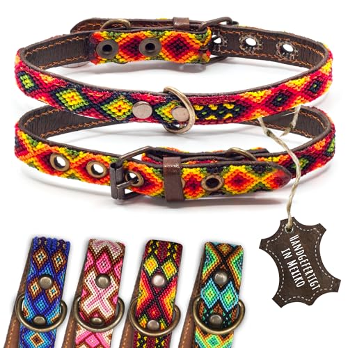 ALTEZAR Hundehalsband Leder - braunes Rindsleder Tribal Feuerrot durchgehend Bestickt gelb/orange/rot - Handgemacht in Mexiko Lederhalsband Hund - Größe XS - für sehr kleine Hunde von ALTEZAR