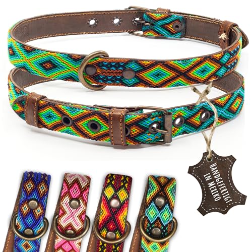 ALTEZAR Hundehalsband Leder - braunes Rindsleder Tribal Grün/Braun/Beiges durchgehend Bestickt - Handgemacht in Mexiko Lederhalsband Hund - Größe L - für große Hunde von ALTEZAR