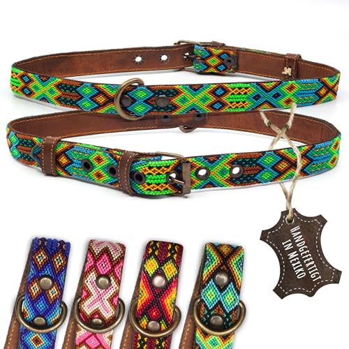 ALTEZAR Hundehalsband Leder - braunes Rindsleder Tribal Grün/Braun/Beiges durchgehend Bestickt - Handgemacht in Mexiko Lederhalsband Hund - Größe XL - für sehr große Hunde von ALTEZAR