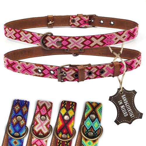 ALTEZAR Hundehalsband Leder - braunes Rindsleder Tribal Rosa/Pink durchgehend Bestickt - Handgemacht in Mexiko Lederhalsband Hund - Größe XL - für sehr große Hunde von ALTEZAR