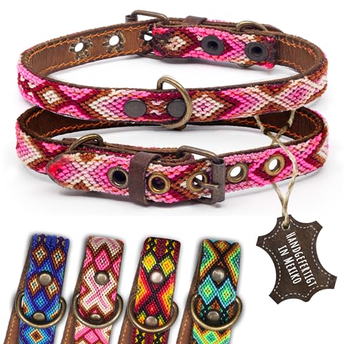 ALTEZAR Hundehalsband Leder - braunes Rindsleder Tribal Rosa/Pinkes durchgehend Bestickt - Handgemacht in Mexiko Lederhalsband Hund - Größe XS - für sehr kleine Hunde von ALTEZAR