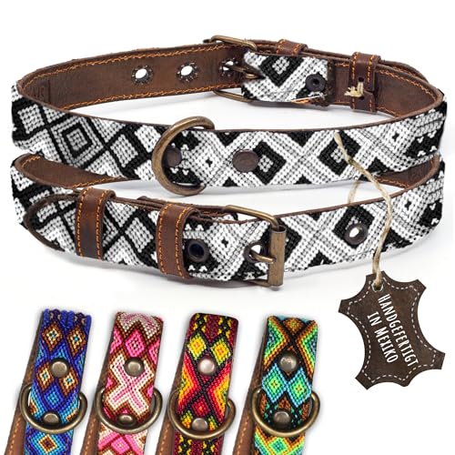 ALTEZAR Hundehalsband Leder - braunes Rindsleder Tribal Schwarz/Weiß durchgehend Bestickt bunt - Handgemacht in Mexiko Lederhalsband Hund - Größe M - für mittel-große Hunde von ALTEZAR