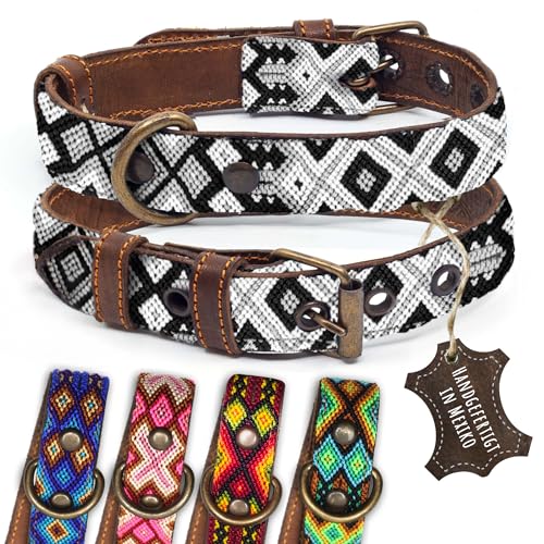 ALTEZAR Hundehalsband Leder - braunes Rindsleder Tribal Schwarz/Weiß durchgehend Bestickt bunt - Handgemacht in Mexiko Lederhalsband Hund - Größe S - für kleine Hunde von ALTEZAR