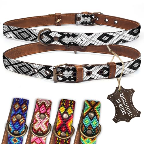 ALTEZAR Hundehalsband Leder - braunes Rindsleder Tribal Schwarz/Weiß durchgehend Bestickt bunt - Handgemacht in Mexiko Lederhalsband Hund - Größe XL - für sehr große Hunde von ALTEZAR