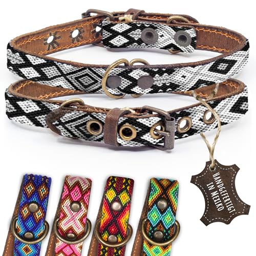 ALTEZAR Hundehalsband Leder - braunes Rindsleder Tribal Schwarz/Weiß durchgehend Bestickt bunt - Handgemacht in Mexiko Lederhalsband Hund Hund - Größe XS - für sehr kleine Hunde von ALTEZAR