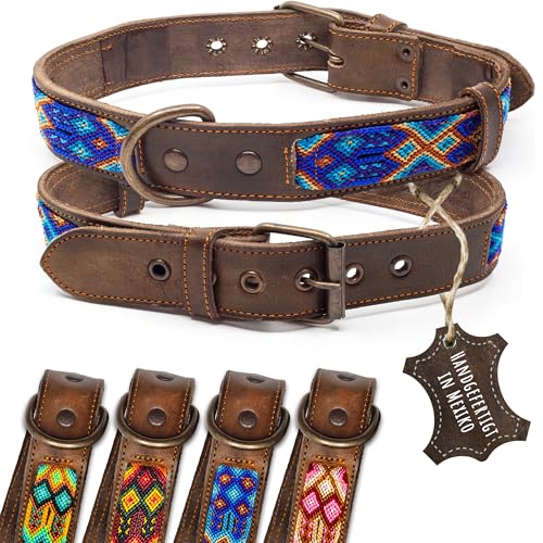 ALTEZAR Lederhalsband Hund - Doppelt Tribal Bestickt Blau Braun - Hochwertig verarbeitetes Hundehalsband - Handgemacht in Mexiko - Größe L von ALTEZAR