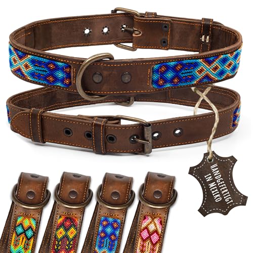 ALTEZAR Lederhalsband Hund - Doppelt Tribal Bestickt Blau Braun - Hochwertig verarbeitetes Hundehalsband - Handgemacht in Mexiko - Größe XL von ALTEZAR