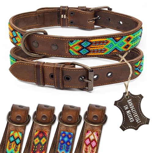 ALTEZAR Lederhalsband Hund - Doppelt Tribal Bestickt Grün Braun - Hochwertig verarbeitetes Hundehalsband - Handgemacht in Mexiko - Größe L von ALTEZAR