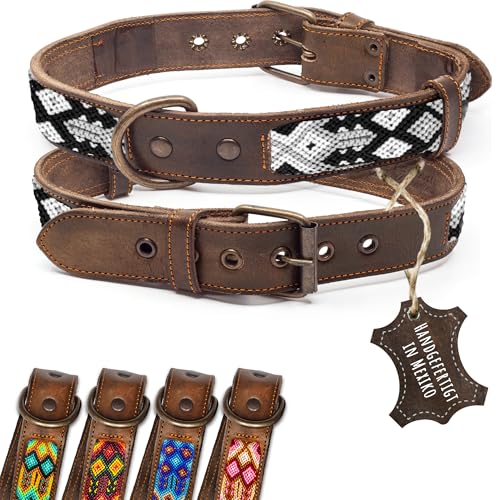 ALTEZAR Lederhalsband Hund - Doppelt Tribal Bestickt Schwarz/Weiß Braun - Hochwertig verarbeitetes Hundehalsband Leder - Handgemacht in Mexiko - Größe L Halsband Hund für große Hunde Leder breit von ALTEZAR