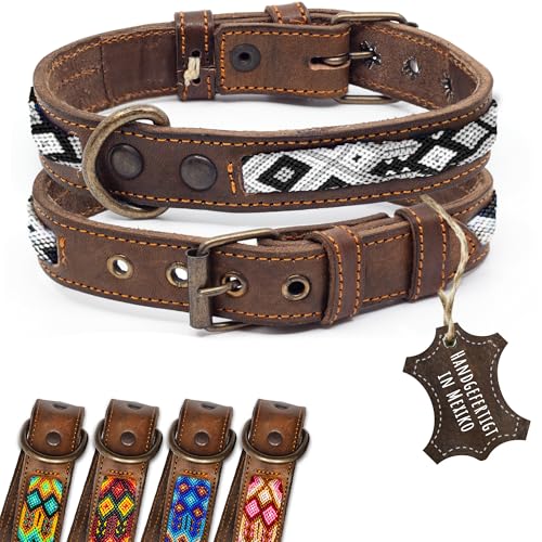 ALTEZAR Lederhalsband Hund - Doppelt Tribal Bestickt Schwarz/Weiß Braun - Hochwertig verarbeitetes Hundehalsband Leder - Handgemacht in Mexiko - Größe S - Halsband Hund für kleine Hunde Leder breit von ALTEZAR