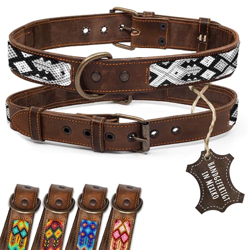 ALTEZAR Lederhalsband Hund - Doppelt Tribal Bestickt Schwarz/Weiß Braun - Hochwertig verarbeitetes Hundehalsband Leder - Handgemacht in Mexiko - Größe XL Halsband Hund für große Hunde Leder breit von ALTEZAR