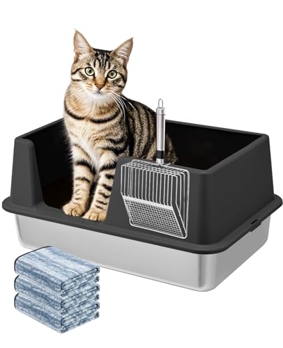 Katzentoilette aus Edelstahl mit Deckel, extra große Katzentoilette aus Metall für große Katzen, hochseitige Kitty Katzentoilette mit Schaufel, XL, oben offen, nicht klebrig, Anti-Auslauf, leicht zu von ALTIPOPIC