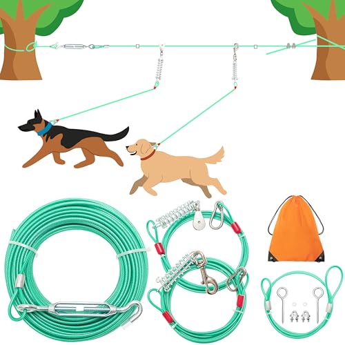 ALUZAEMO 30,4 m langes Hunde-Auslaufkabel mit 3 m und 1,5 m Trolley-Leine für den Hof, robuste lange Hundeketten für Outdoor, Camping, Training, Reisen, kaufeste Kabelleinen für kleine, mittelgroße von ALUZAEMO