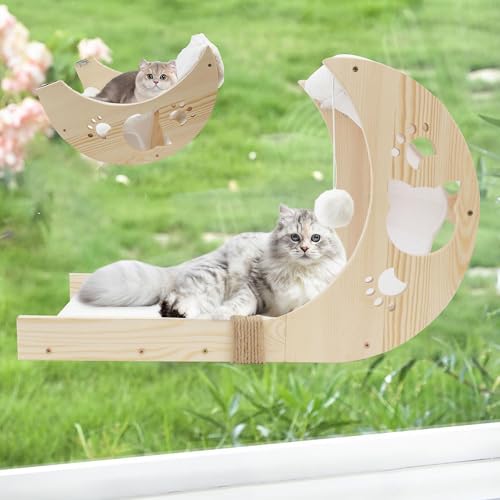 Katzen-Fensterstange mit abnehmbarer Leiter, Holz-Katzenbett für den Innenbereich, mit doppelseitigem Klettverschluss, Katzen-Matte, Mond, Katzenfenstersitze montiert mit 7 starken Saugnäpfen zum von ALYBIT