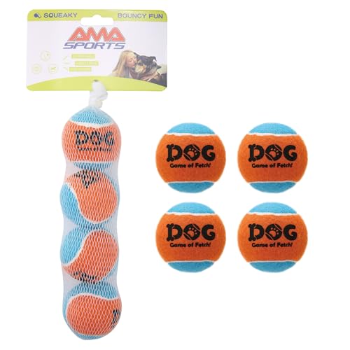 AMA SPORT Quietschende Tennisbälle für Hunde, 5,1 cm, kleine Hunde-Tennisbälle zum Werfen und Apportieren, Hundespielzeug für Training, Übung, hohe Sprungkraft, 4 Stück (Orange, Hellblau) von AMA SPORT