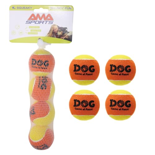 AMA SPORT Quietschende Tennisbälle für Hunde, 5,1 cm, kleine Hunde-Tennisbälle zum Werfen und Apportieren, Hundespielzeug für Training, Übung, hohe Sprungkraft, 4 Stück (Orange Gelb) von AMA SPORT