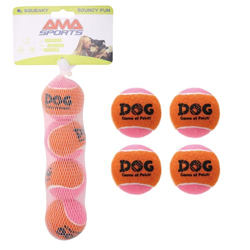 AMA SPORT Quietschende Tennisbälle für Hunde, 5,1 cm, kleine Hunde-Tennisbälle zum Werfen und Apportieren, Hundespielzeug für Training, Übung, hohe Sprungkraft, 4 Stück (Orange Pink) von AMA SPORT