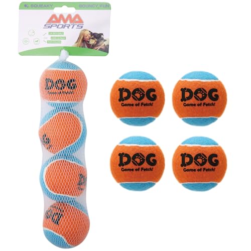 AMA SPORT Quietschende Tennisbälle für Hunde, 6,3 cm, kleine, mittelgroße Hunde, Tennisbälle zum Werfen und Apportieren, Hundespielzeug für Training, Übung, hohe Sprungkraft, 4 Stück (Orange, Hellblau AMA SPORT Quietschende Tennisbälle für Hunde, 6,3 cm, kleine, mittelgroße Hunde, Tennisbälle zum Werfen und Apportieren, Hundespielzeug für Training, Übung, hohe Sprungkraft, 4 Stück (Orange, Hellblau von AMA SPORT