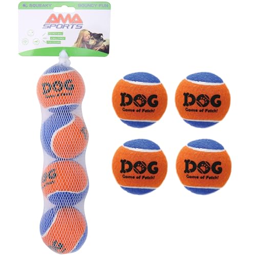 AMA SPORT Quietschende Tennisbälle für Hunde, 6,3 cm, kleine, mittelgroße Hunde, Tennisbälle zum Werfen und Apportieren, Hundespielzeug für Training, Übung, hohe Sprungkraft, 4 Stück (Orangeblau) von AMA SPORT