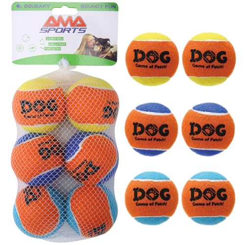 AMA SPORT Quietschende Tennisbälle für Hunde, 6,3 cm, kleine und mittelgroße Hunde, Tennisbälle zum Werfen und Apportieren, Hundespielzeug für Training, Übung, hohe Sprungkraft, 6 Stück (Mehrfarbig A) von AMA SPORT