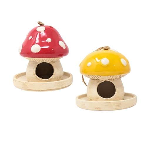 2 Stück Pilz Porzellan Vogelhaus und Futterspender - Hängende Vogelhäuser in leuchtendem Rot und Gelb - Doppelzweck Outdoor Garten Dekor für Bäume, Terrassen, Balkon - Geschenk für Vogel und 2 Stück Pilz Porzellan Vogelhaus und Futterspender - Hängende Vogelhäuser in leuchtendem Rot und Gelb - Doppelzweck Outdoor Garten Dekor für Bäume, Terrassen, Balkon - Geschenk für Vogel und von AMAJY