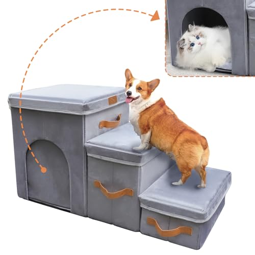 AMFIYQ Hundetreppe für hohe Betten bis zu 81,3 cm Höhe – Haustierstufen für kleine, mittelgroße oder große Hunde, faltbare Katzentreppe mit Stauraum und Höhle, 3-stufige Haustiertreppe für Couch und AMFIYQ Hundetreppe für hohe Betten bis zu 81,3 cm Höhe – Haustierstufen für kleine, mittelgroße oder große Hunde, faltbare Katzentreppe mit Stauraum und Höhle, 3-stufige Haustiertreppe für Couch und von AMFIYQ