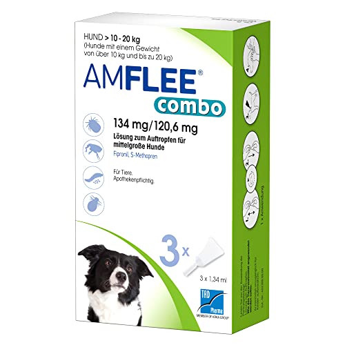 AMFLEE Combo Flohmittel mit Fipronil & (S)-Methopren für Hunde, 134 mg/120,6 mg Lösung zum Auftropfen für Hunde von 10-20 kg, 3 Einzeldosis-Pipetten von AMFLEE