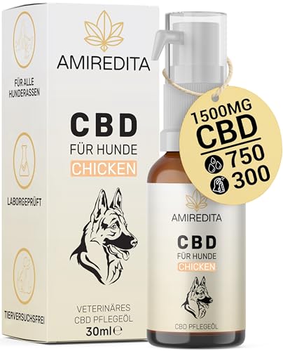 Amiredita CBD Öl Hund 1500 mg Cannabidiol 30 ml - 300 Pumpstöße (ca. 750 CBD Tropfen) - Deutsche Qualitätsmarke, laborgeprüft, Zertifiziert - CBD Öl 5% mit Huhn Aroma - Cannabis Öl - Hanftropfen von AMIREDITA