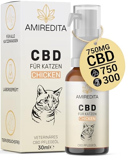 Amiredita CBD Öl Katzen 750 mg Cannabidiol 30 ml - 300 Pumpstöße (ca. 750 CBD Tropfen) - Deutsche Qualitätsmarke, laborgeprüft, Zertifiziert - CBD Öl 2,5% mit Huhn Aroma - Cannabis Öl - Hanftropfen von AMIREDITA