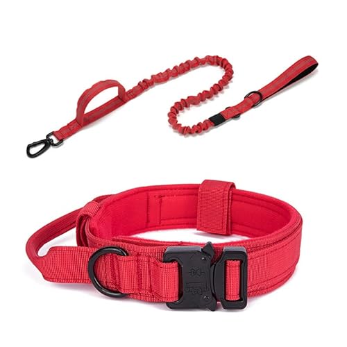 Hundehalsband, langlebig, taktisches Hundehalsband, Leine, Set, Militär-Haustierhalsbänder, strapazierfähig, für mittelgroße und große Hunde, Trainingszubehör, 1 Stück, rotes Set, L 42–54 cm von AMOIZH