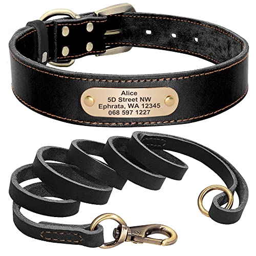 Hundehalsband Custom Leather Dog Collar Leash Set Customized Pet Collar Leash Free Engraved Nameplate For Small Medium Large Dogs Black Set M von AMOIZH
