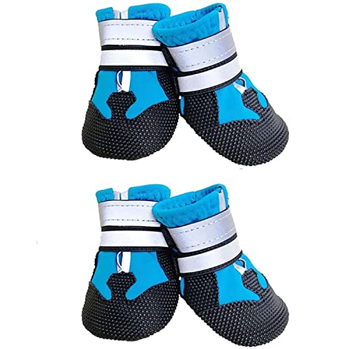 AMOMYDOG Hundeschuhe, 4 Stück Atmungsaktive Hunde Schuhe Outdoor mit Rutschfester Sohle, Verstellbarem Reflektierendem Klettverschluss Hundestiefel für kleine, Mittlere und Große Hunde (Blau, S) von AMOMYDOG