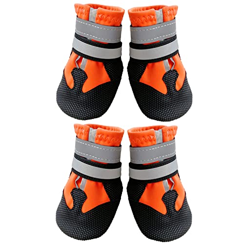 AMOMYDOG Hundeschuhe, Set mit 4 wasserdichten Hundeschuhen, Hundeschuhe mit reflektierenden Riemen und rutschfester Sohle zum Schutz der Pfoten für Hunde (L, Orange) von AMOMYDOG