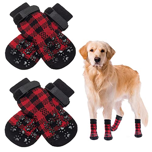 AMOMYDOG Hundesocken, 2 Paar Indoor Anti-Rutsch Socken für Hunde und Katzen, Weicher Verstellbarer Hundesocken Pfotenschutz für Alter Hund, Traktionskontrolle für den Innenbereich (L, Rot) von AMOMYDOG