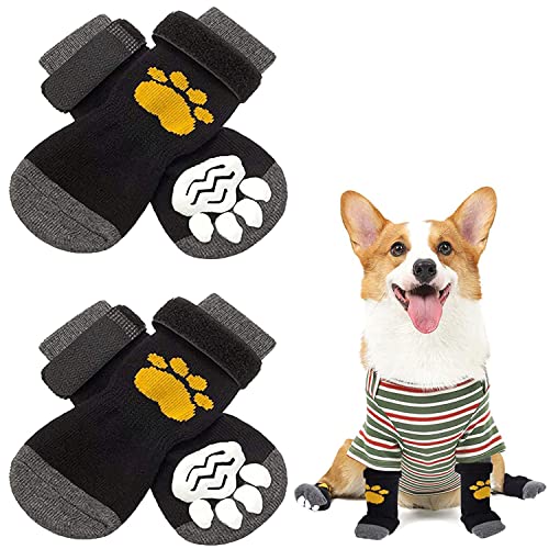 AMOMYDOG Hundesocken, 2 Paar Indoor Anti-Rutsch Socken für Hunde und Katzen, Weicher Verstellbarer Hundesocken Pfotenschutz für Alter Hund, Traktionskontrolle für den Innenbereich (L, Schwarz) von AMOMYDOG