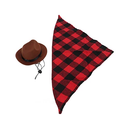 AMONIDA Cowboyhut und Schal für Hunde, Cowboyhut für Katzen, Dreieckstuch, süß und trendy, Modeurlaub Cowboyhut, Kleidung (braun + rot) von AMONIDA
