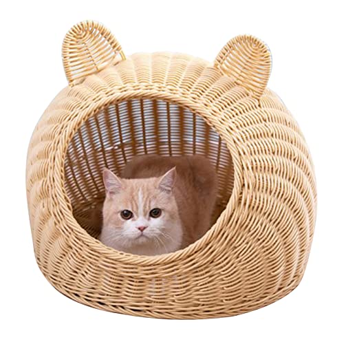 Katzenbett, Halbgeschlossenes Katzenhaus, Ganzjährig Waschbar, Rattanimitat, Handgewebt, für den Innenbereich, für Haustiere für Katzen (Beige) von AMONIDA