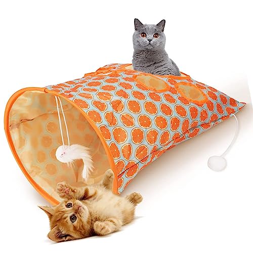 AMONIDA Katzentunneltasche, Sicher zu Verwenden, 5 Löcher, Knistergeräusche, Interaktive Katzentunnel-Papiertüte, Langlebig, mit Plüschbällen für Katzen (Orange) von AMONIDA