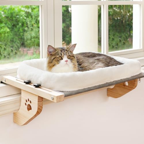 AMOSIJOY Katzenbank-Fensterstange, stabile Katzenhängematte, Fenstersitz mit Kissenbezug, Holz- und Metallrahmen für große Katzen, einfach zu verstellendes Katzenbett für Fensterbank, Nachttisch, von AMOSIJOY
