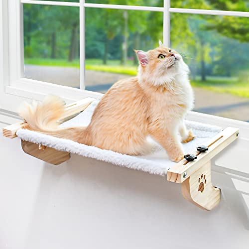 AMOSIJOY Katzenschweller-Fenstersitzstange, stabile Katzenfenster-Hängematte mit Holz & Metallrahmen für große Katzen, Nachttisch, Schublade und Schrank (L-White Plüsch) von AMOSIJOY