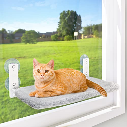 AMOSIJOY Schnurlose Katzen-Fensterstange, Katzenhängematte für Wand mit 4 Saugnäpfen, solider Metallrahmen und zwei Abdeckungen, faltbare Katzenbetten für Indoor-Katzen (Medium) von AMOSIJOY