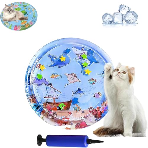 AMOUSDRDR Ocean Breeze Splashland Wassermatte für Katzen und Hunde, verdicktes kühlendes Haustier-Wasserbett, sensorische Spielmatte mit Fischen (C-100 cm) von AMOUSDRDR