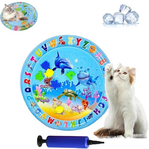 AMOUSDRDR Ocean Breeze Splashland Wassermatte für Katzen und Hunde, verdicktes kühlendes Haustier-Wasserbett, sensorische Spielmatte mit Fischen (E-65 cm) von AMOUSDRDR