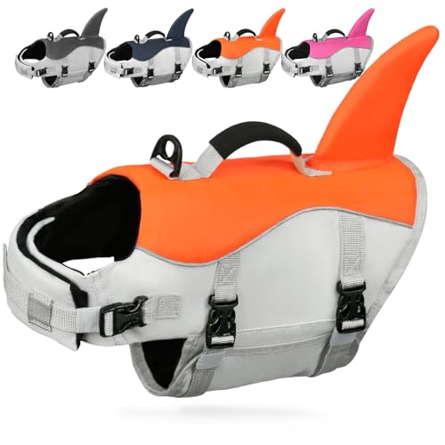 AMZNOVA Hai Schwimmweste Hund Hunde Schwimmweste Hunde Schwimmwesten Schwimmhilfe Hundeschwimmweste Rettungsweste für Schwimmhilfe Hai Auftrieb Flosse L Leuchtendes Orange von AMZNOVA