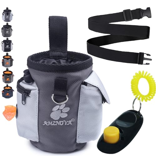 AMZNOVA Hunde Futterbeutel, Tragbare Futtertasche für Hunde zum Gehen, mit Gürtelclip und Abnehmbarem Bund, Hände Frei zum Tragen von Spielzeug, Kibble und Leckereien, Grau von AMZNOVA