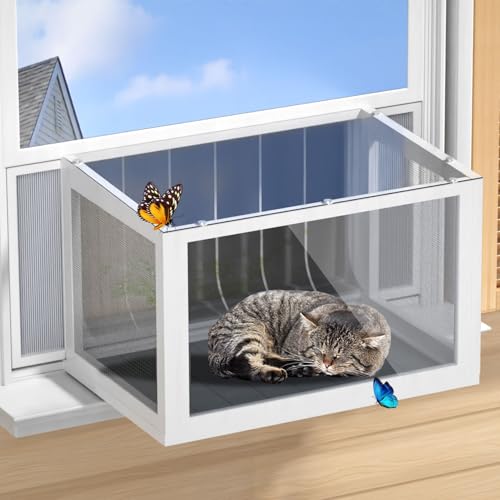 Katzen-Fensterkasten Catio, Outdoor-Katzengehege mit transparenten Paneelen, Netzseiten und PVC-Vorhang, universelle Fensterstange für Fenster 63,5 cm – 109,2 cm, Fenster-Katio zum Sonnenbaden von AMZOSS