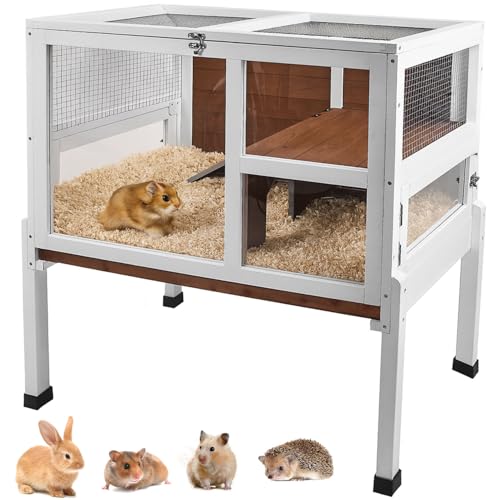 Meerschweinchenkäfig 2-stöckig mit Ständer Indoor Holz Hamsterkäfig mit Rampe Ausziehbar Tablett Versteck & Plattform Acryl Transparent Kleintier Lebensraum für Chinchillas, Frettchen, Igel, Walnuss von AMZOSS
