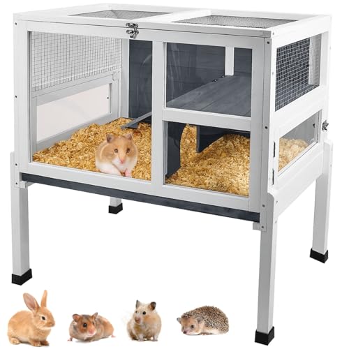Meerschweinchenkäfig mit Ständer, 2-stöckiger Hamsterkäfig aus Holz mit Rampe, ausziehbarer Ablage, Versteck & Plattform, Acryl Transparent Kleintier-Lebensraum für Chinchillas, Frettchen, Igel, Grau von AMZOSS