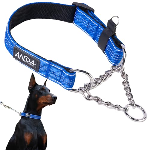 ANDA Martingale Halsband für Hunde, Verstellbar mit Reflektierender Edelstahlkette, Kein Ziehen, Ausbruchsicheres Trainingshalsband für mittlere und große Rassen (Blau, Groß) von ANDA