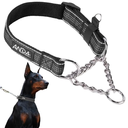 ANDA Martingale Halsband für Hunde, Verstellbar mit Reflektierender Edelstahlkette, Kein Ziehen, Ausbruchsicheres Trainingshalsband für mittlere und große Rassen (Schwarz, L) von ANDA